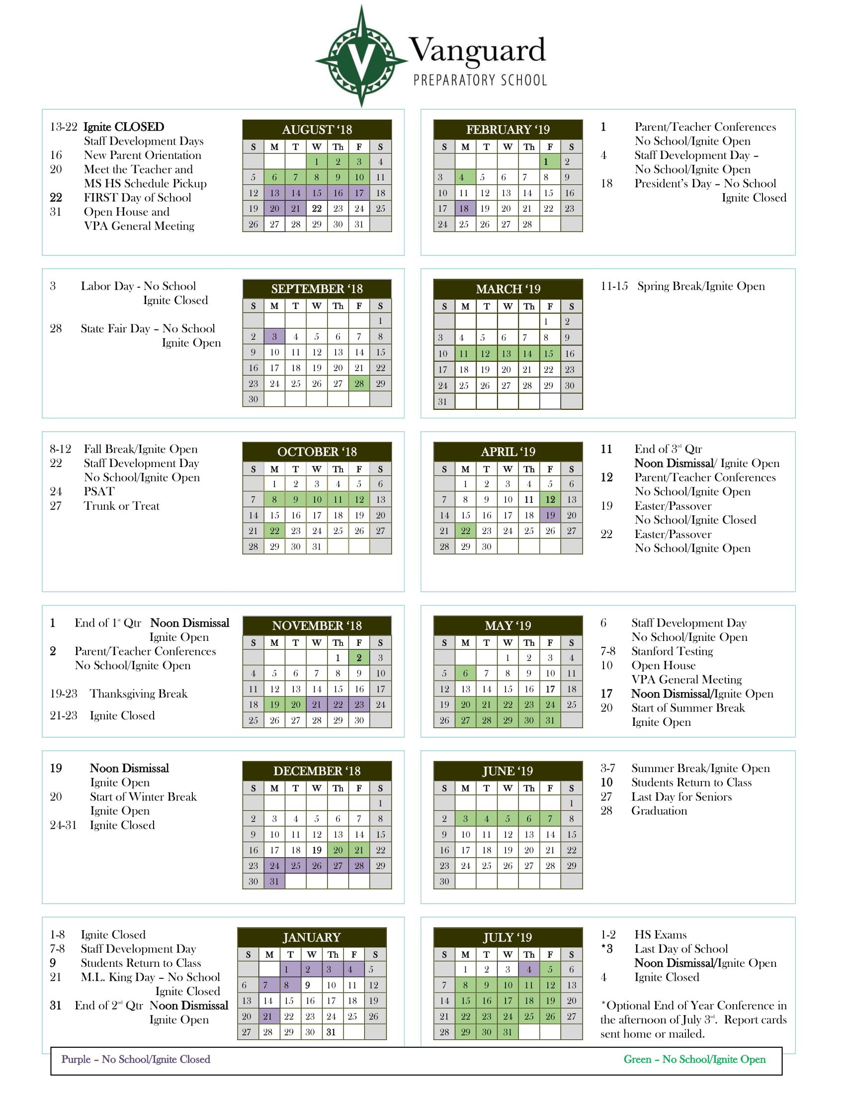 Vanguard Academy Calendar Customize and Print