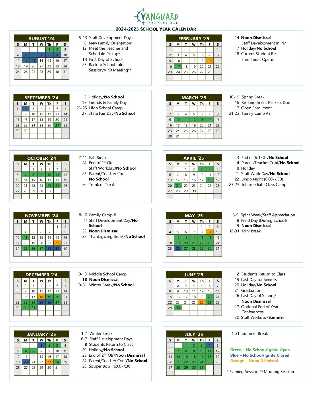 Vanguard Academy School Calendar 2025-2025