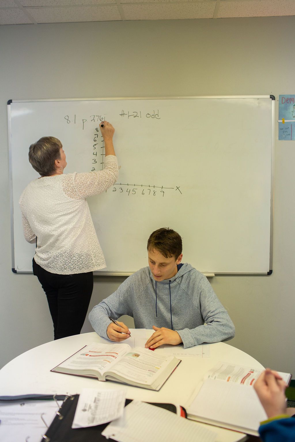 Adult female writing in the board and teen writing